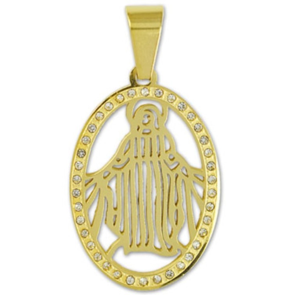 Openwork  Miraculous Virgin Mary Medal Pendant Necklace Gold Metal Rhinestones